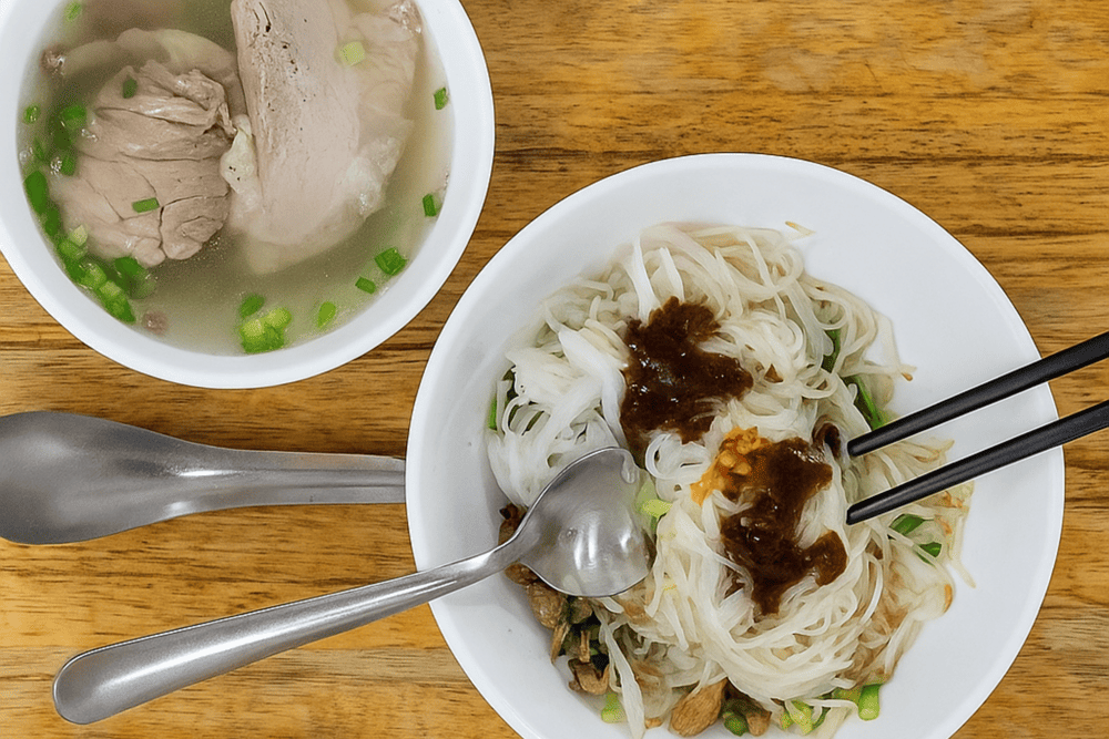 Authentic Gia Lai dry pho with chewy noodles, tender beef, and a hot, flavorful soup on the side